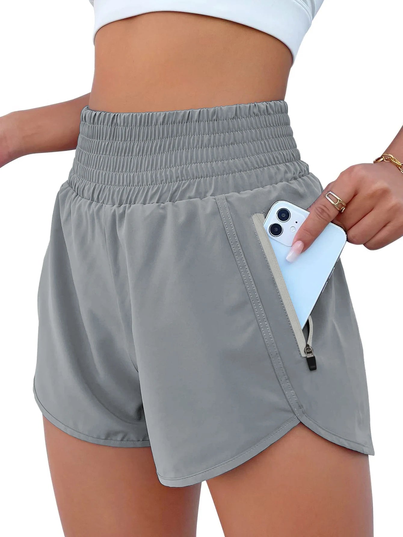 Women's High-Waist Elastic Running Shorts with Pockets Quick-Dry Exercise Sports Shorts