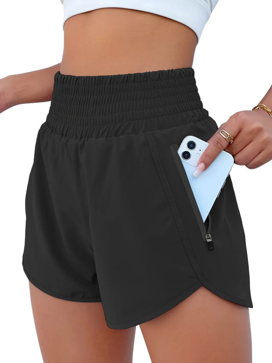 Women's High-Waist Elastic Running Shorts with Pockets Quick-Dry Exercise Sports Shorts