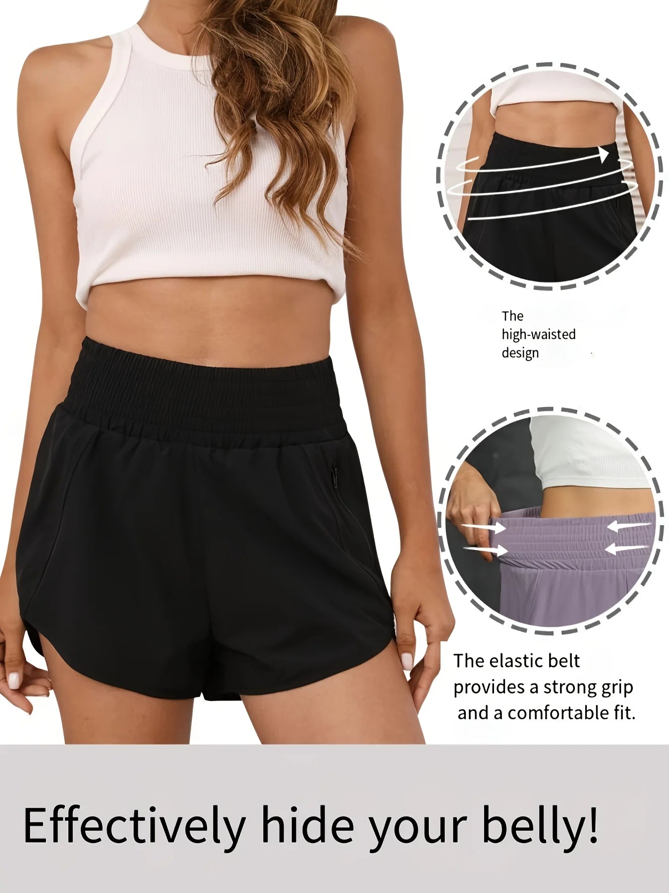 Women's High-Waist Elastic Running Shorts with Pockets Quick-Dry Exercise Sports Shorts