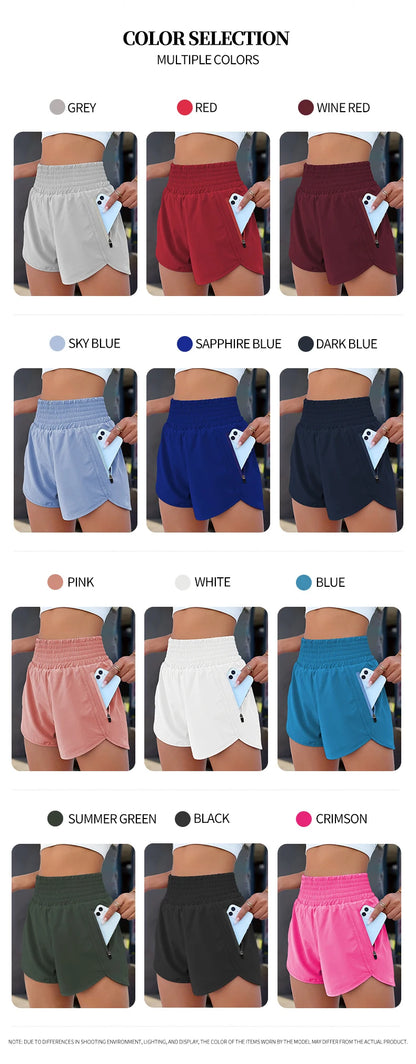 Women's High-Waist Elastic Running Shorts with Pockets Quick-Dry Exercise Sports Shorts