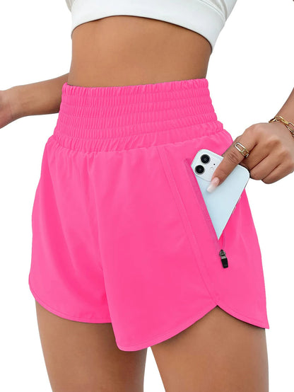 Women's High-Waist Elastic Running Shorts with Pockets Quick-Dry Exercise Sports Shorts